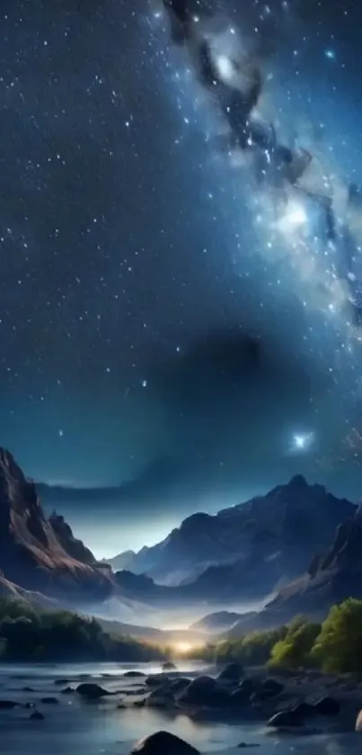 Starry night over serene mountains and river.