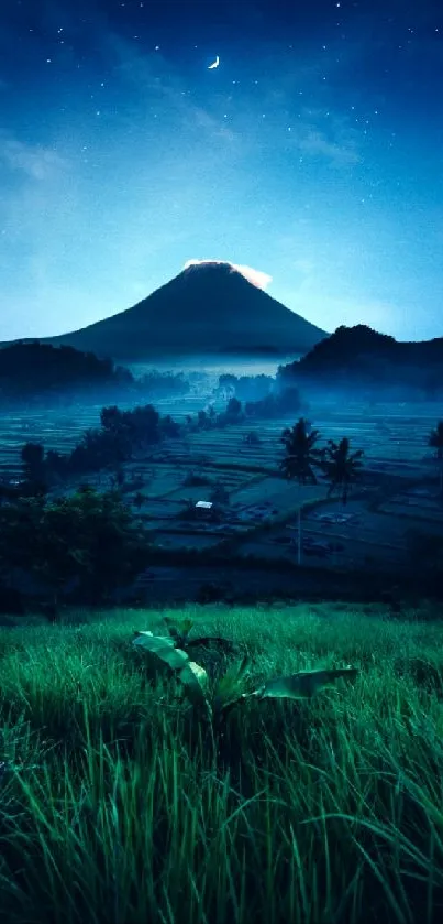 Starry night sky over a mountain with lush green foreground.