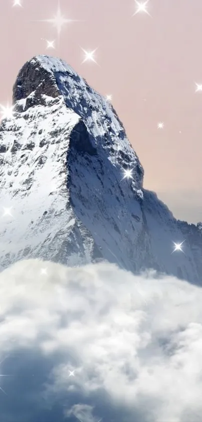 Snowy mountain peak with a starry sky and clouds, perfect for a serene nature wallpaper.