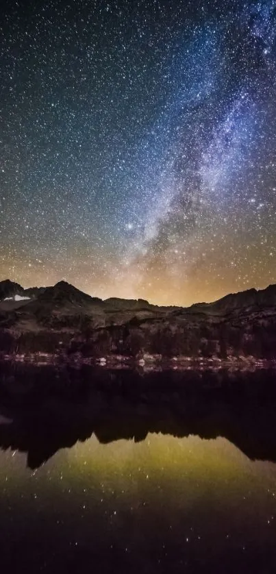 Stunning starry night over mountains reflecting in tranquil waters.