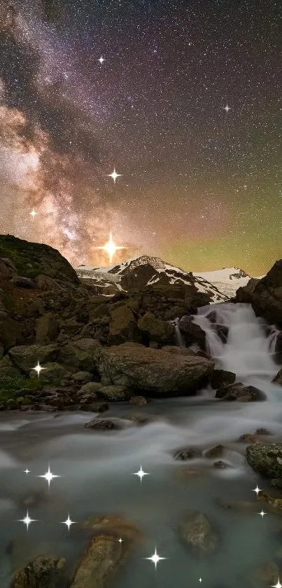 Starry night over mountain stream with glowing stars.