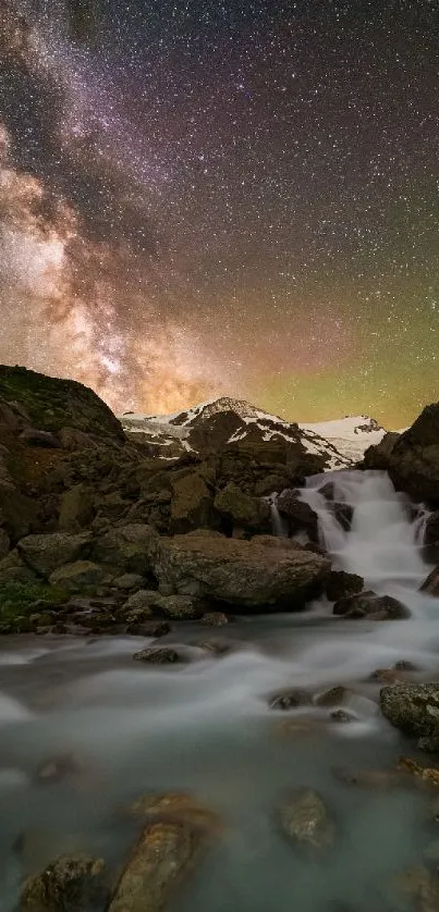 Majestic night sky over a mountain waterfall, with stars illuminating the scenery.