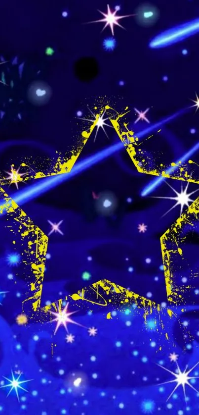 Abstract starry night wallpaper with vibrant yellow stars on deep blue background.