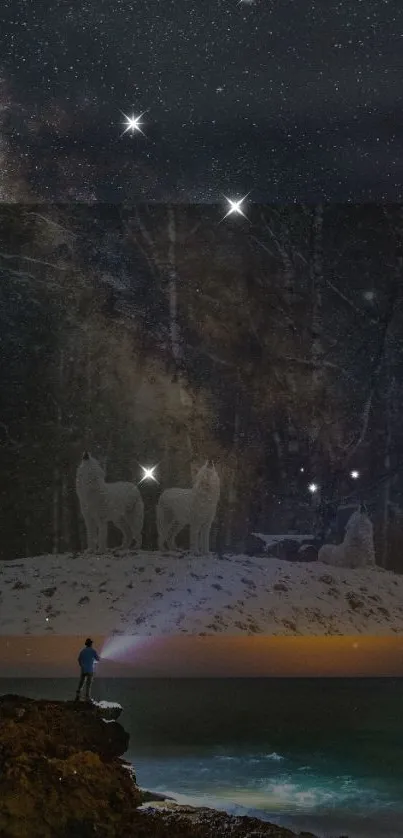 Explorer with flashlight under starry sky and wolves in forest.