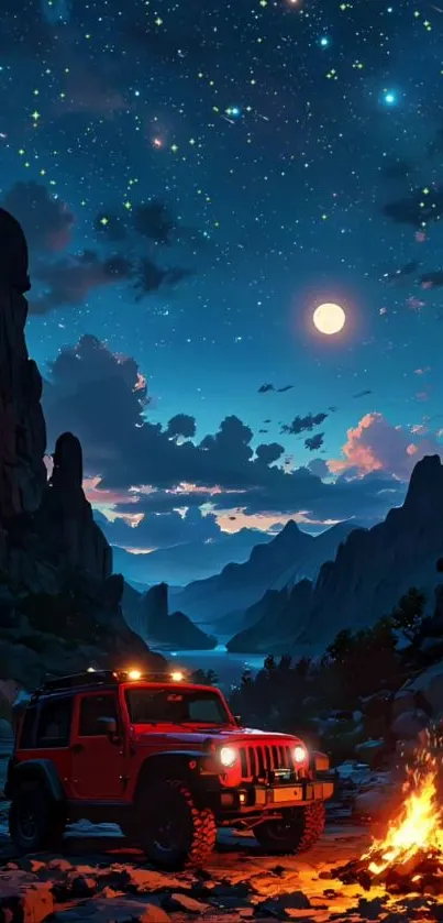 Jeep by campfire under a starry night sky.