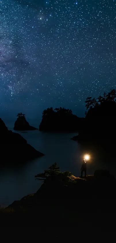 Silhouette on cliff under starry night sky.