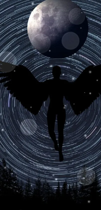 Silhouetted angel with wings against a starry night sky and moon.