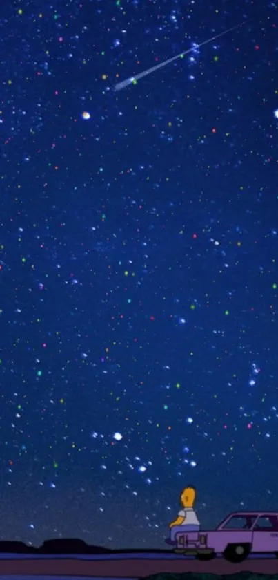 Animated wallpaper of a starry sky with a shooting star and cartoon character.