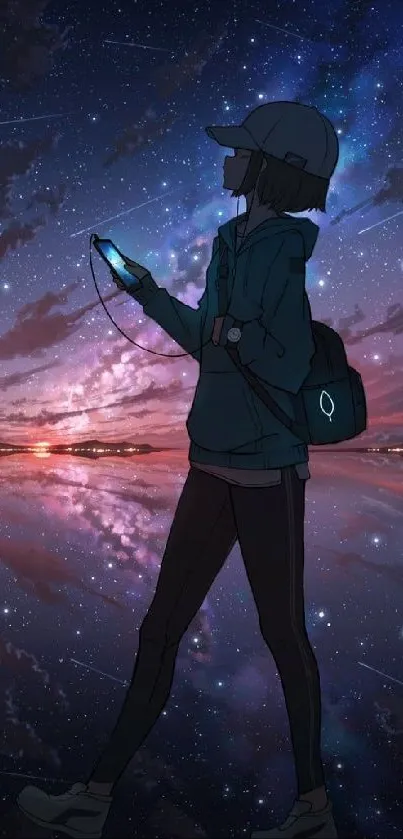 Anime silhouette with phone under a starry night sky.