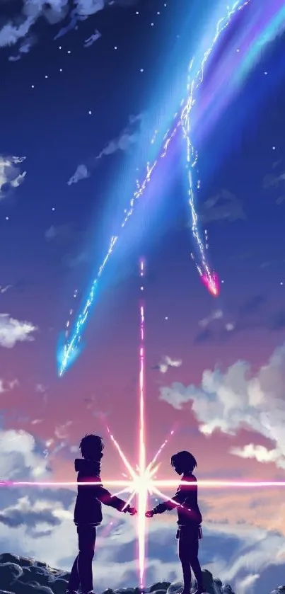 Anime characters under a celestial sky with shooting stars.