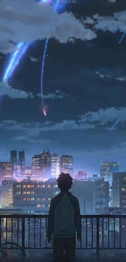 Anime character gazing at a starry night sky over a city skyline.