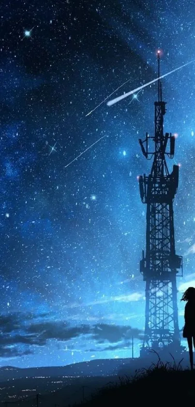 Anime silhouette with a tower under a starry blue sky.