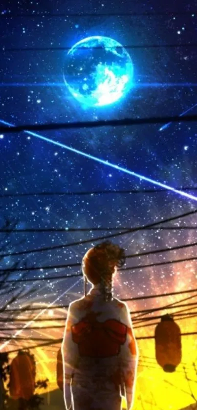 Anime character under a star-filled sky with lanterns and cosmic elements.