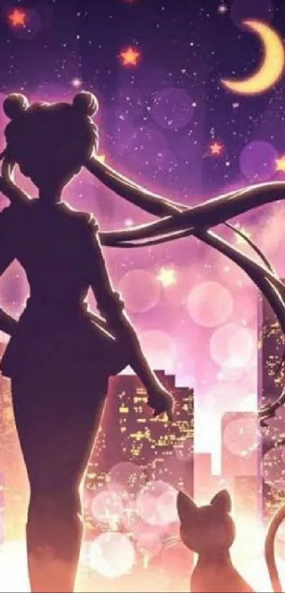 Anime silhouette with cat under a starry purple night sky.