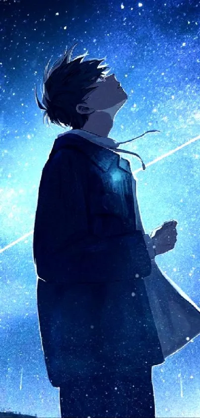 Anime silhouette in starry night sky, cosmic blue hues.