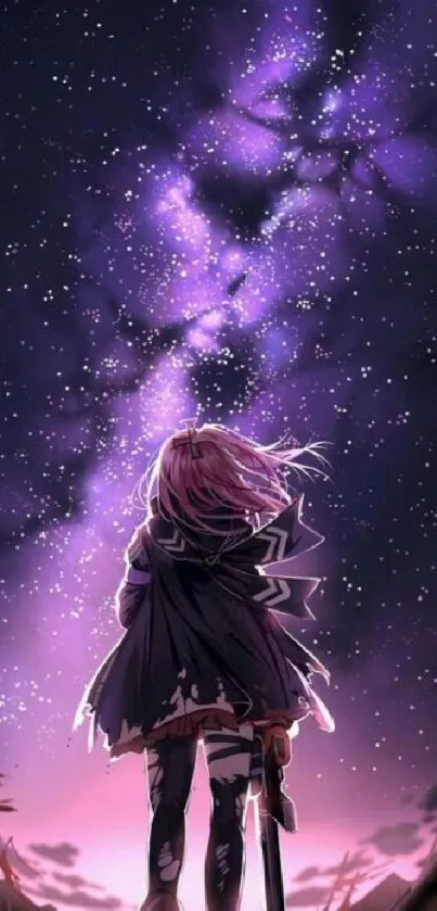 Anime character gazing at a purple star-filled sky.