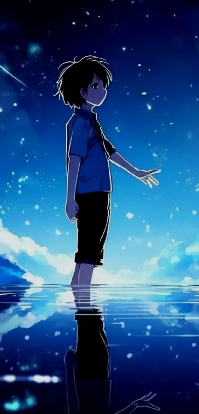 Anime character standing in water under a starry night sky.