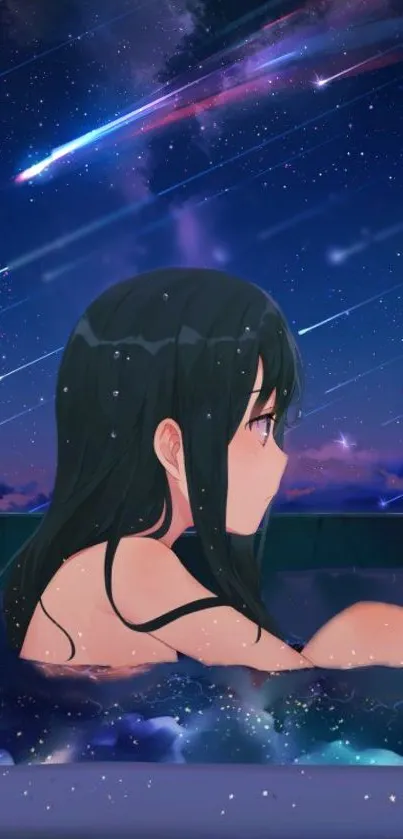 Anime girl under starry night sky with shooting stars.