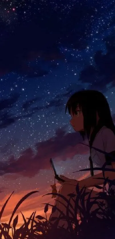 Silhouette against a starry anime night sky wallpaper.