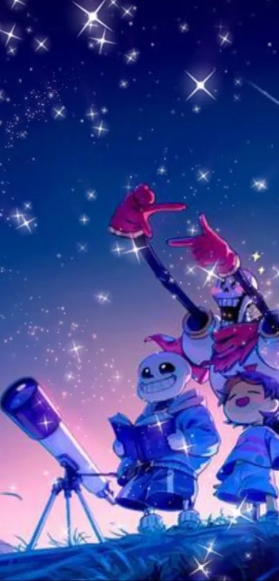 Anime characters stargazing under a vibrant, starry night sky.