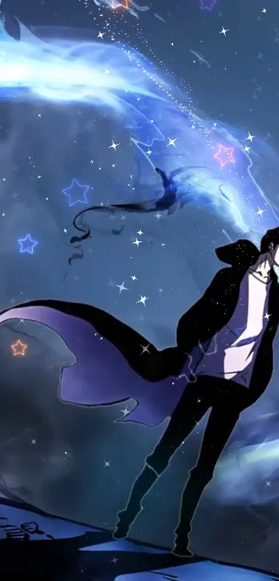 Anime character stands in starry cosmic scene.