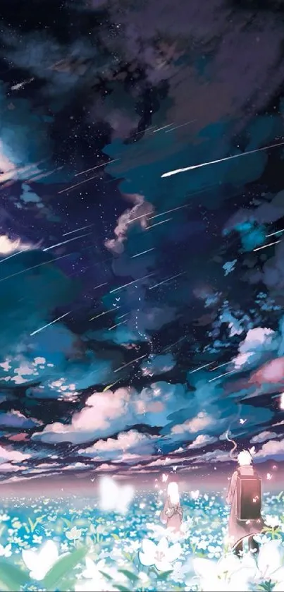 Anime starry night sky with figures in blooming field.