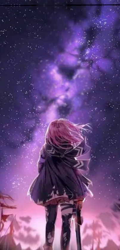 Anime girl gazing at a purple starry sky.