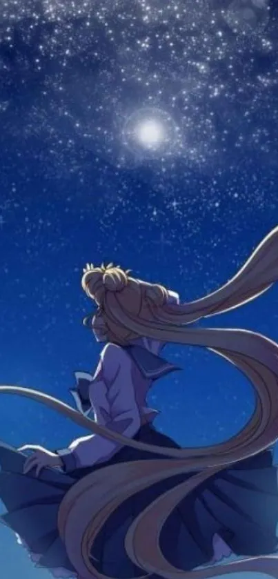 Anime character gazing at a starry night sky, with flowing hair and dark blue hues.