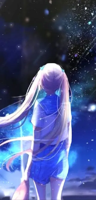 Anime girl gazing at starry night sky.