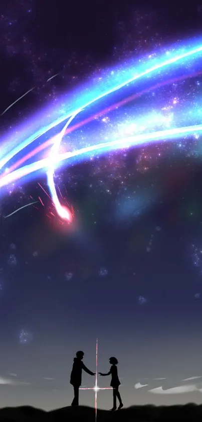 Anime wallpaper of a starry night with silhouettes and shooting stars.