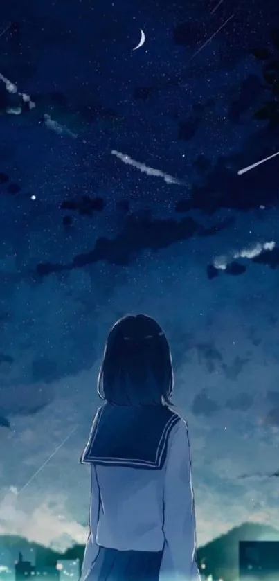 Anime girl under a starry night sky.