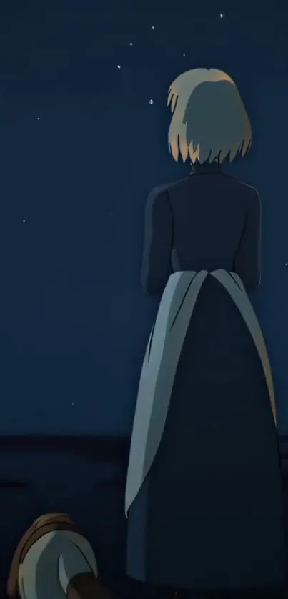 Anime character gazing at starry night sky.