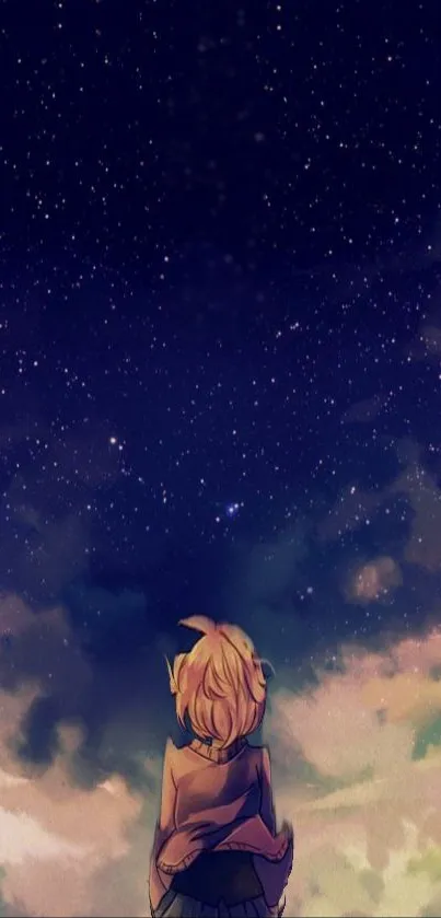 Anime character gazing at a starry night sky with clouds.