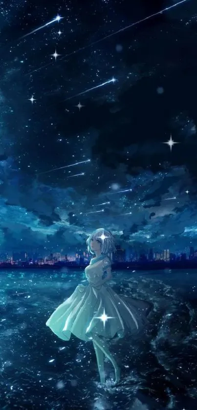 Anime girl under starry night by water.