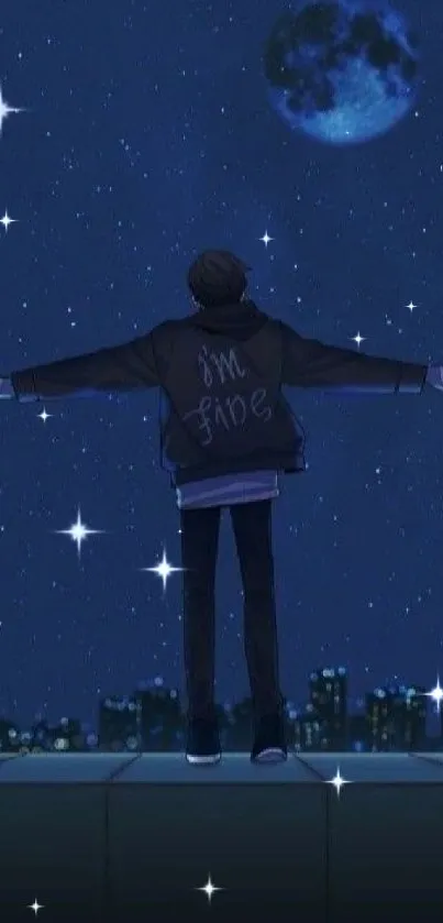 Anime character under a starry night sky with a visible urban skyline.