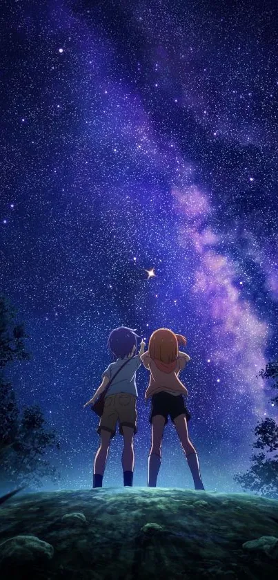 Two characters gaze at the starry night sky in an anime-style scene.