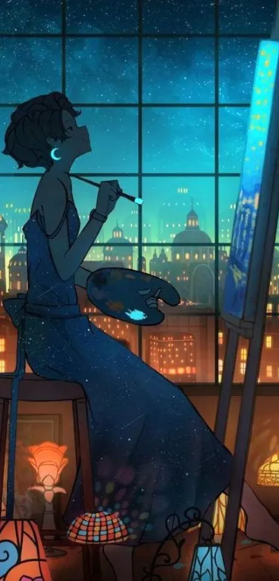 Silhouetted artist paints under a starry night in a vibrant cityscape wallpaper.