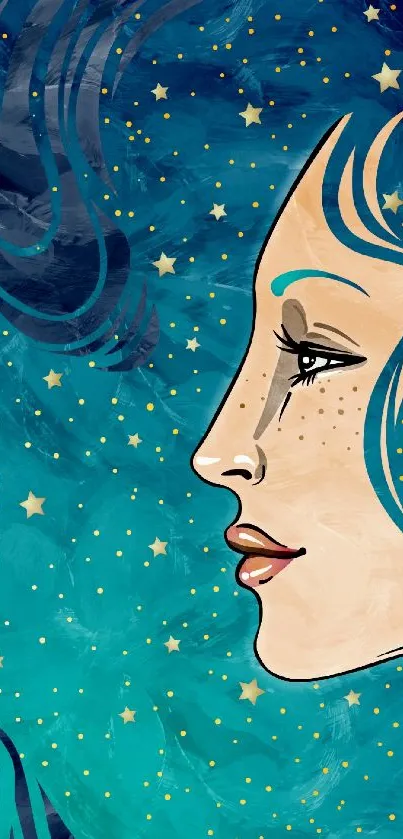 Starry night-themed wallpaper with a woman's artistic profile and blue hues.