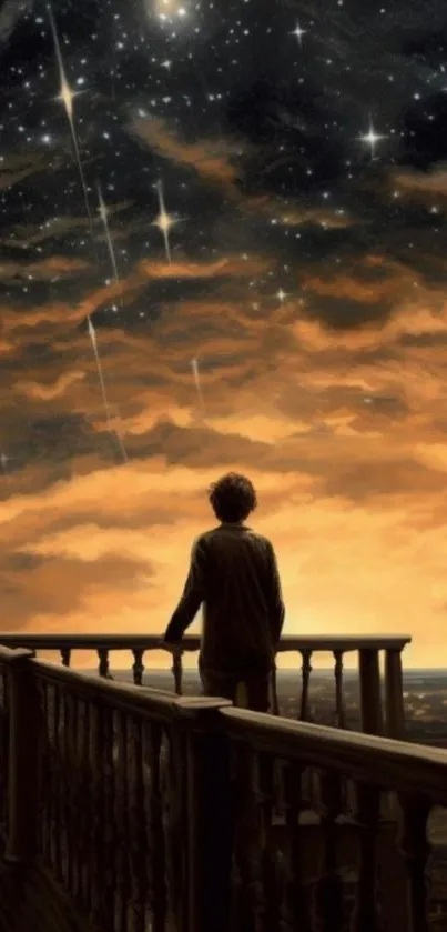 Person gazing at starry night sky from a balcony with a warm orange glow.