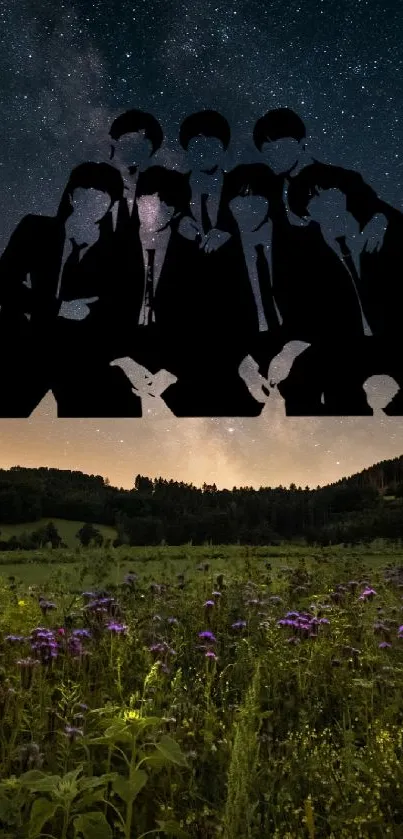 Silhouetted band under a starry sky at night in a flower field.