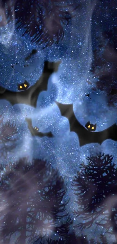 Mobile wallpaper with bats in a starry night sky.