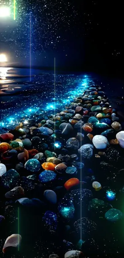 Starry night beach with glowing stones and moonlit sky mobile wallpaper.