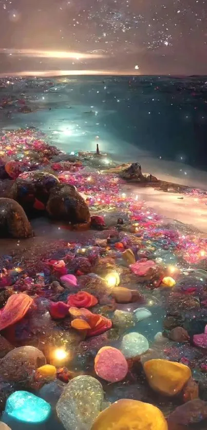 Fantasy beach with glowing gemstones under a starry sky.