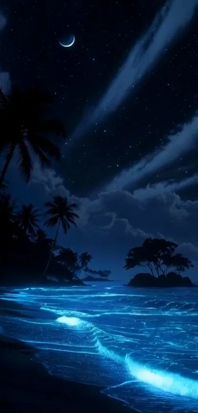 A starry night beach with glowing waves and silhouetted palm trees.