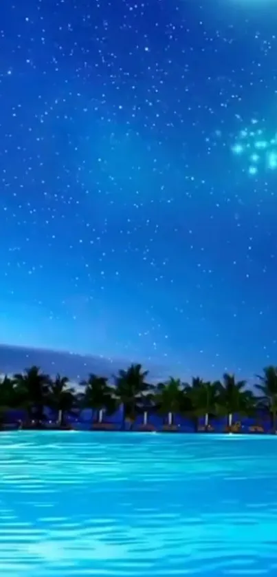 Starry night view over tropical beach with palm trees and ocean.