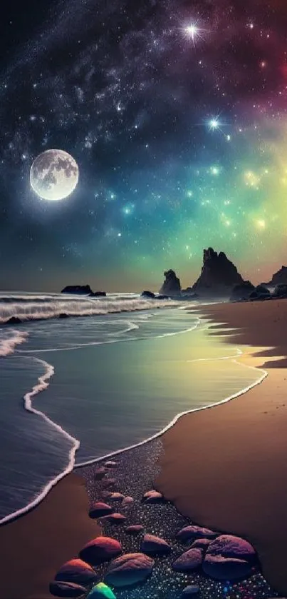 Colorful starry night beach with moonlit waves and galaxy sky.