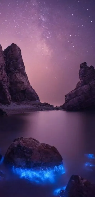 Starry night sky over rocky beach with glowing blue bioluminescence.