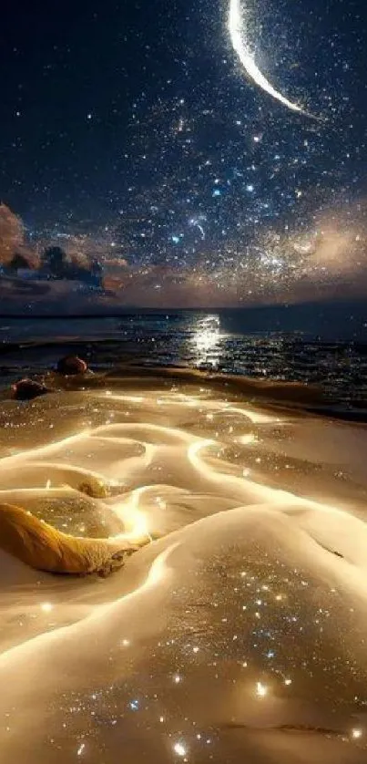 Crescent moon over starry night beachscape.