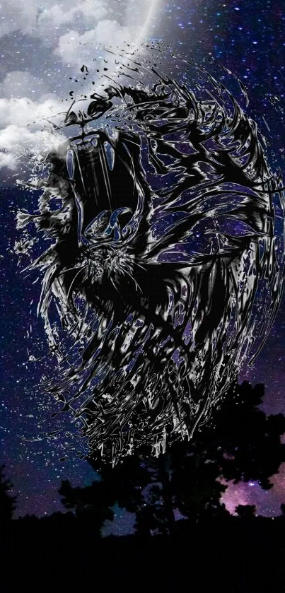 Galaxy bear art on a starry night sky background with trees.