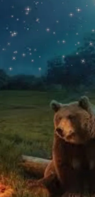 Bear by a campfire under a starry night sky.